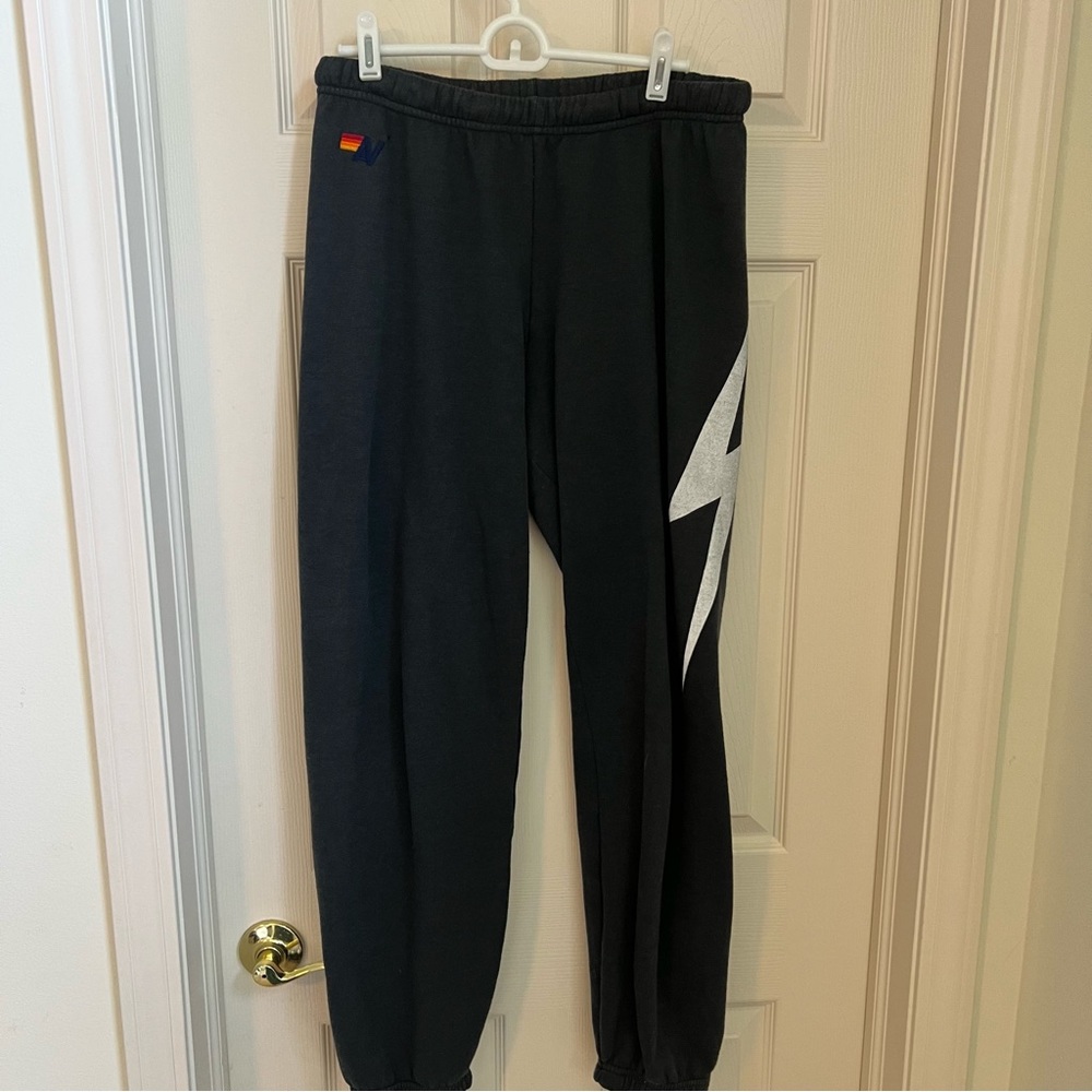 Aviator Nation Black Joggers with White Lightning Bolt